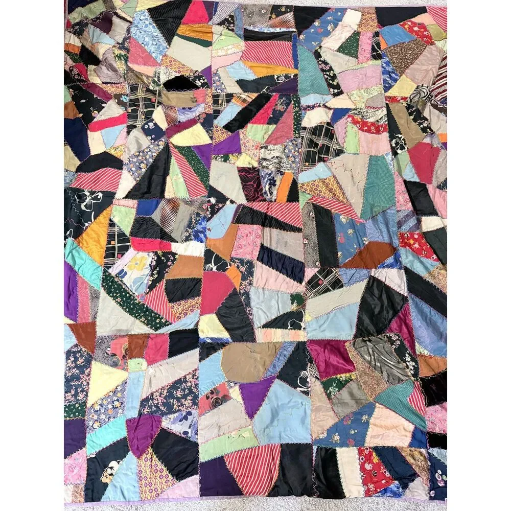 Antique Victorian Crazy Quilt Silk Satin Patchwork Hand Embroidered